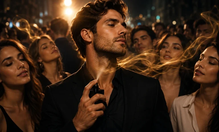 Confident man wearing a strong projecting fragrance in a crowded nightlife environment while people around him react to the scent aura and social presence