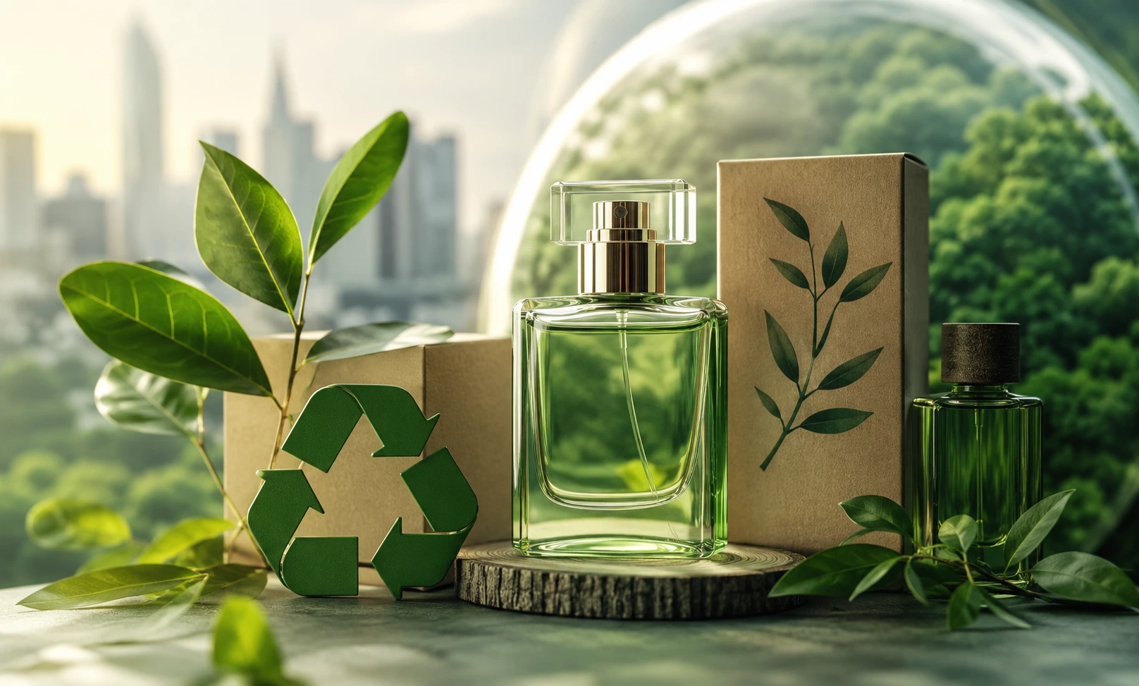 Eco-conscious American consumer choosing a sustainable perfume with recyclable packaging and environmentally friendly branding in a modern fragrance store