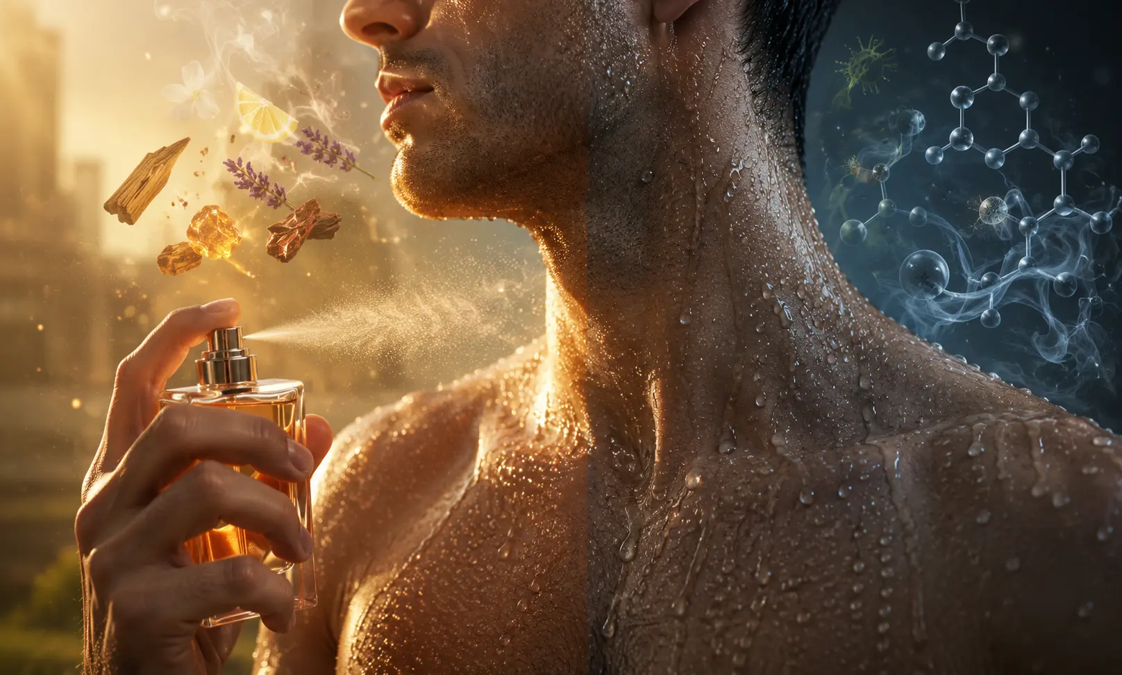 Sweaty man spraying perfume on warm skin outdoors, illustrating how sweat, heat, and skin chemistry can change fragrance smell and projection performance