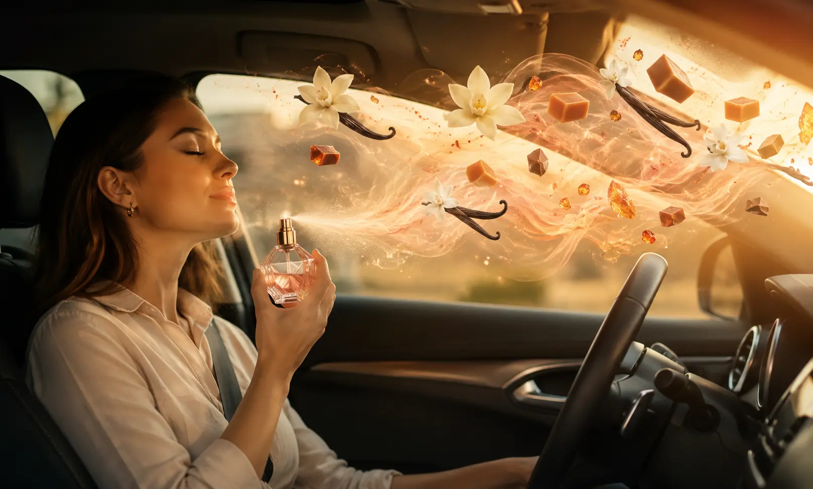 Woman inside a warm car surrounded by sweet vanilla and gourmand perfume notes showing how heat and enclosed spaces make fragrances smell stronger and more intense inside vehicles