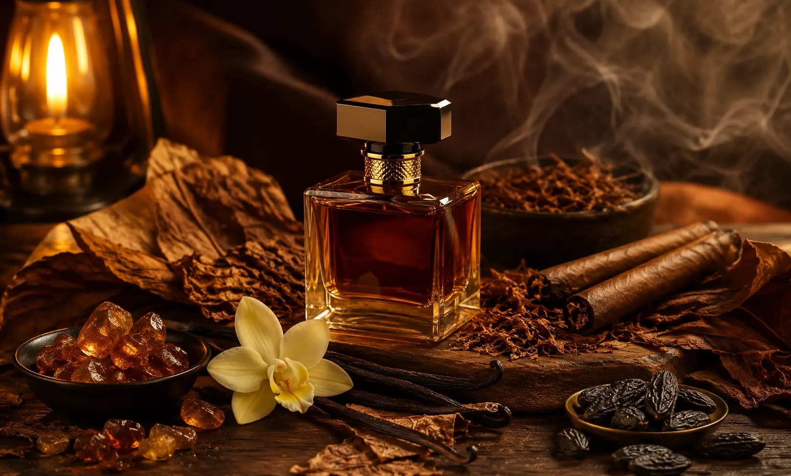 Warm luxury fragrance atmosphere with soft amber lighting, cozy emotional mood, smoky perfume aura, and comforting elegant scent environment
