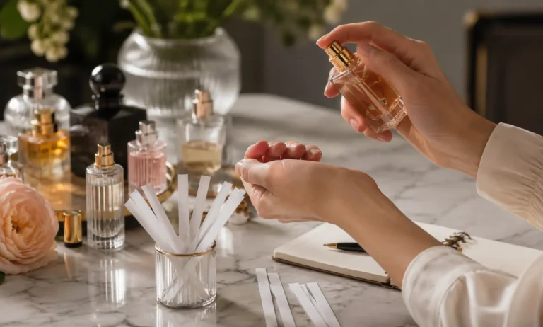 Person testing perfume on skin and fragrance strips to evaluate scent projection and dry down without wearing it all day.