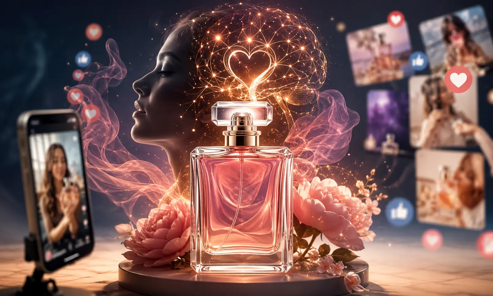 A modern emotional fragrance scene showing social media driven perfume culture, luxury aesthetics, emotional identity, and viral perfume influence among young American consumers