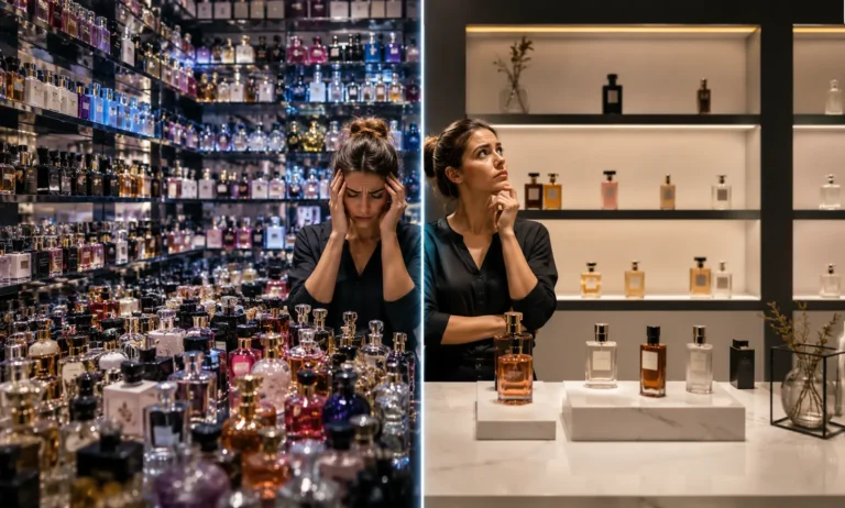 Customer feeling overwhelmed by too many perfume choices inside a crowded fragrance store compared to a clean curated perfume retail environment