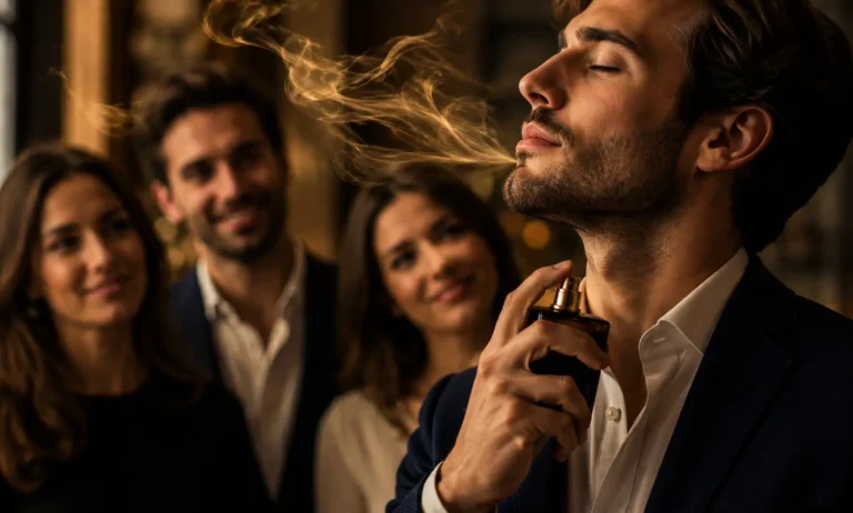 well-dressed man using subtle fragrance while others show positive reactions, representing how scent builds trust and likeability