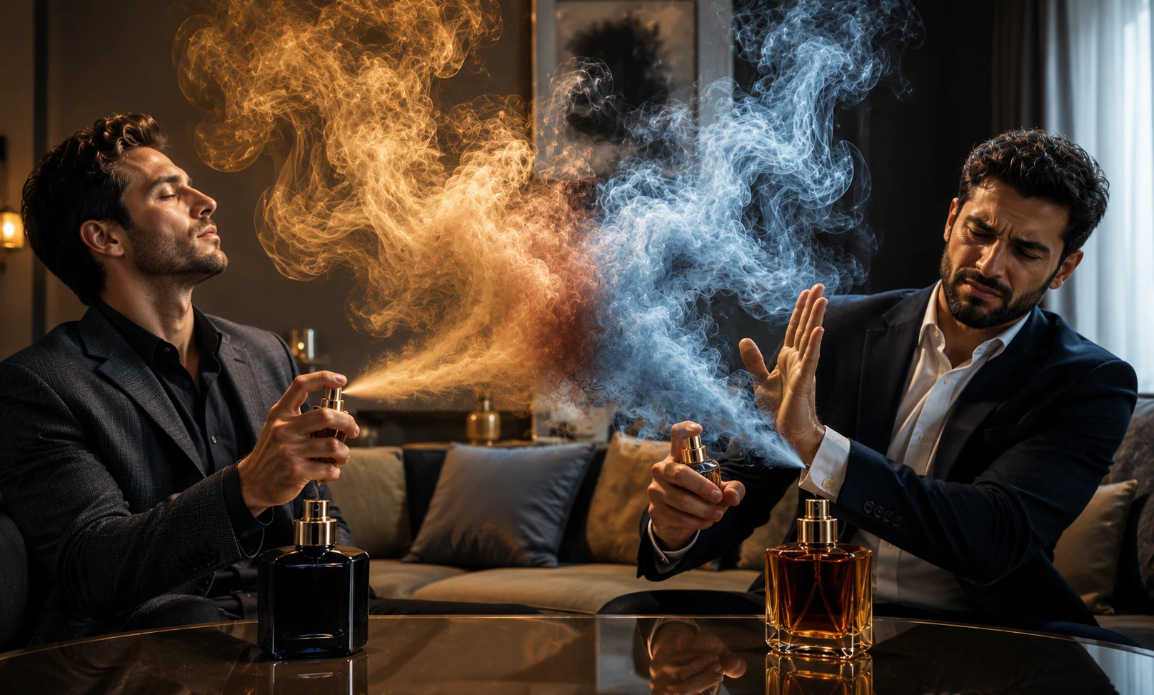 Two men wearing strong fragrances creating overlapping perfume clouds indoors causing heavy scent projection and sensory overload in a modern social environment
