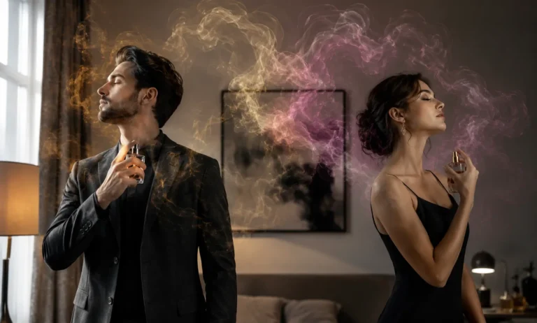 Two people wearing strong perfumes in the same room creating overlapping fragrance projection and intense scent atmosphere indoors