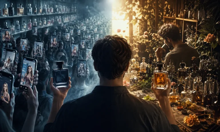 Young American consumers surrounded by trending perfume culture and social media influence while searching for personal fragrance identity in a modern digital world