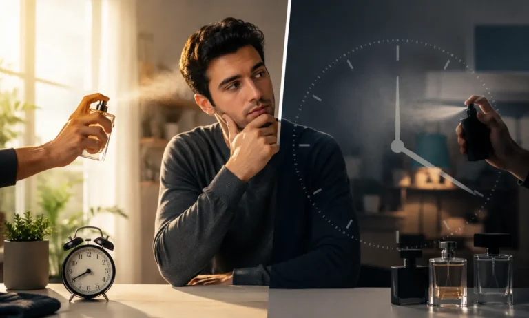 man and woman checking fragrance longevity before reapplying perfume in a modern indoor setting