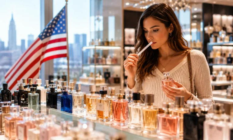 American consumer comparing multiple perfume brands in a luxury fragrance store while evaluating trust, reputation, reviews, and brand identity before making a purchase decision