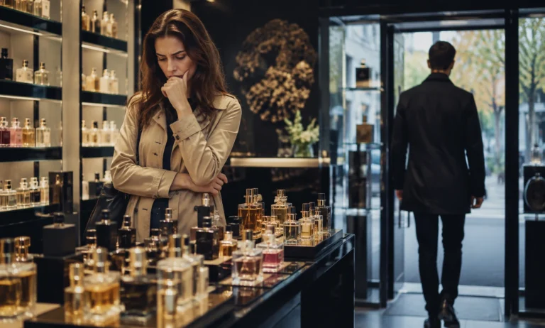 Customer feeling overwhelmed inside a luxury perfume store while browsing multiple fragrance bottles without making a purchase