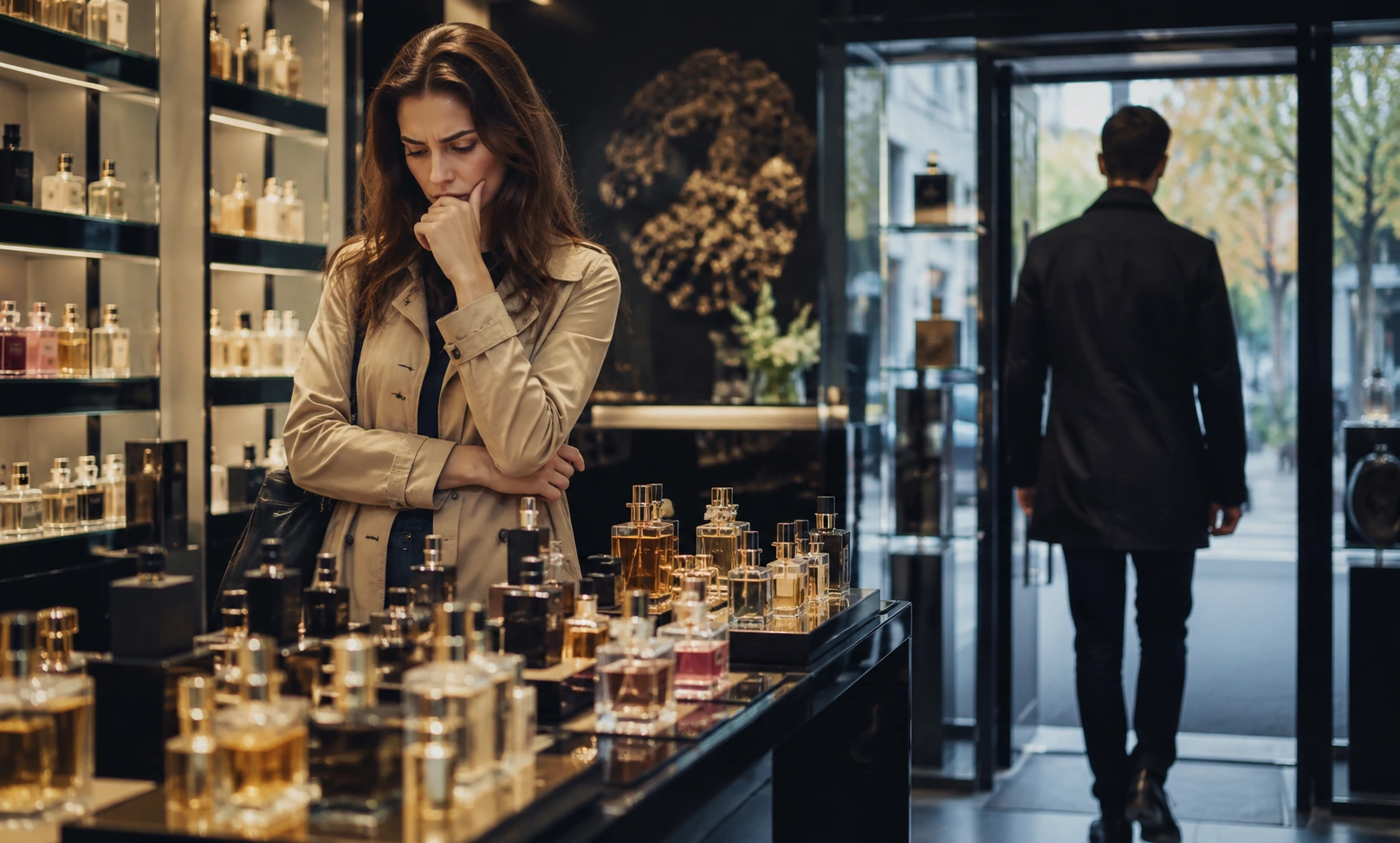Customer feeling overwhelmed inside a luxury perfume store while browsing multiple fragrance bottles without making a purchase