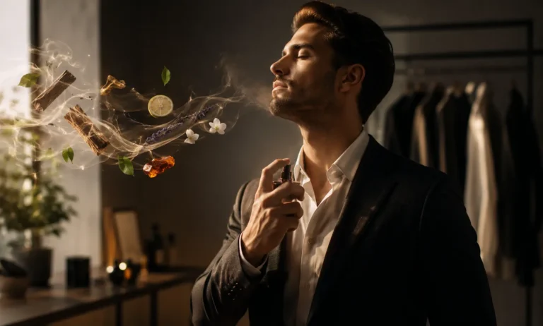 Elegant man applying subtle luxury perfume in a modern room symbolizing confidence, sophistication, emotional balance, and the psychological effect of feeling more put together through fragrance