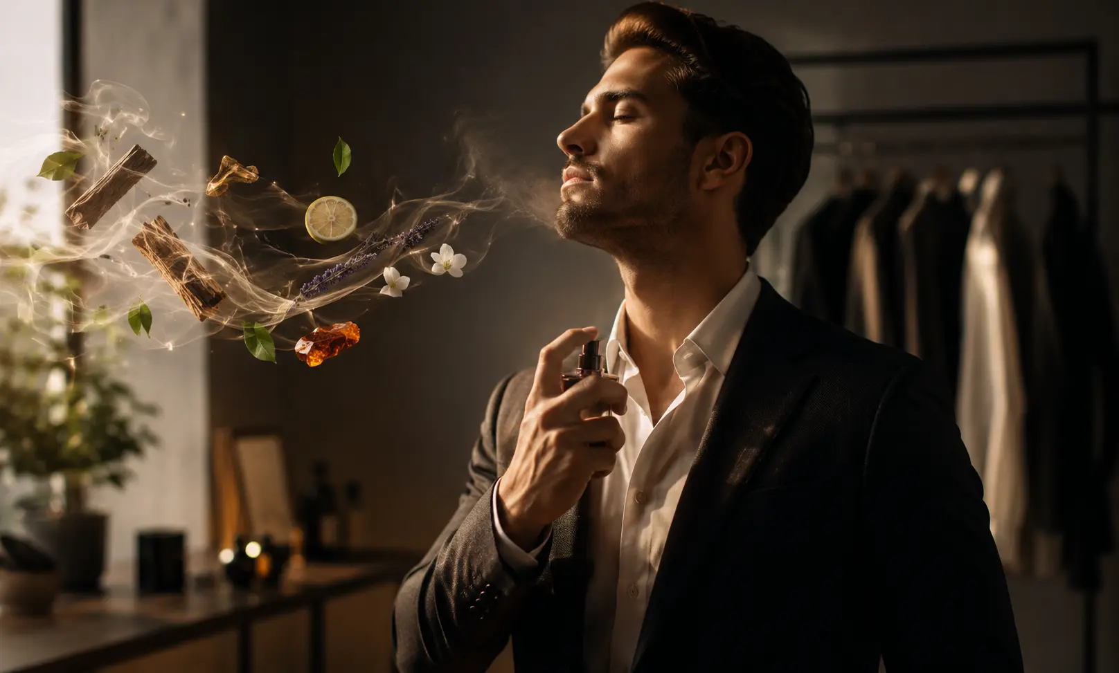 Elegant man applying subtle luxury perfume in a modern room symbolizing confidence, sophistication, emotional balance, and the psychological effect of feeling more put together through fragrance
