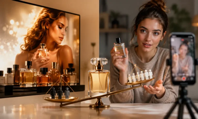 Young American consumer watching fragrance reviews on a smartphone while comparing luxury perfumes in a modern emotional shopping environment representing trust psychology and social proof in fragrance buying decisions