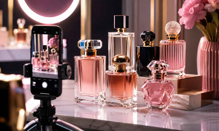 Modern luxury perfume bottles displayed in a visually aesthetic social media-inspired setting, highlighting how fragrance brands design packaging to attract attention on Instagram, TikTok, and digital platforms.