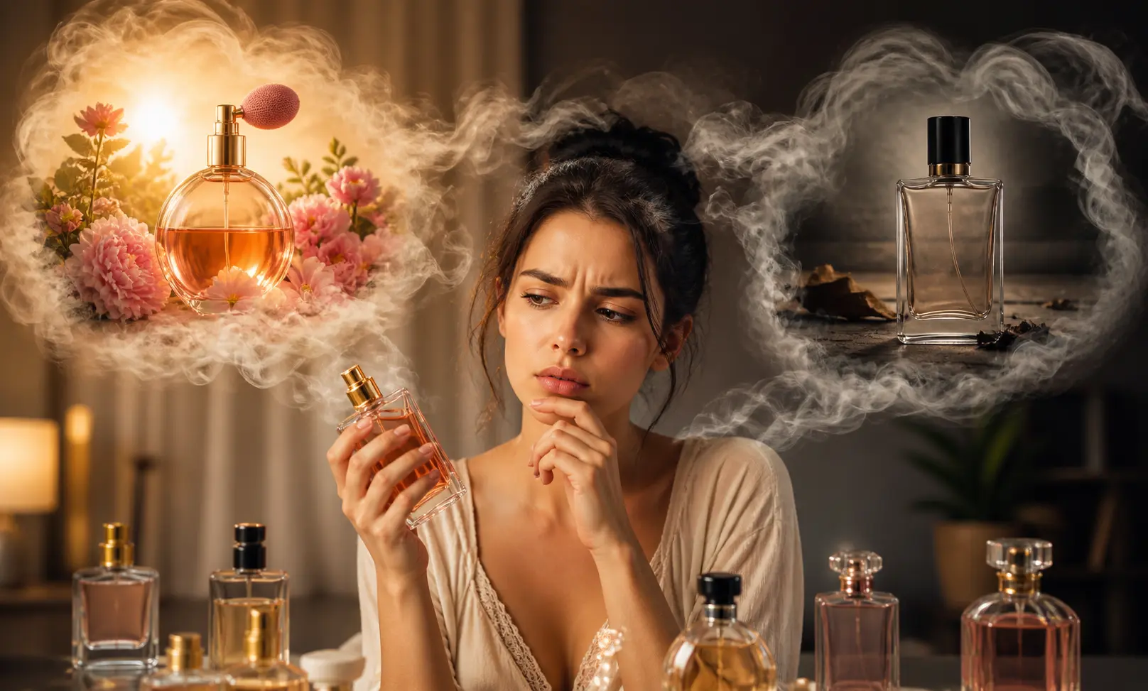 Woman noticing perfume smells different than expected as fragrance reacts with skin chemistry and environment