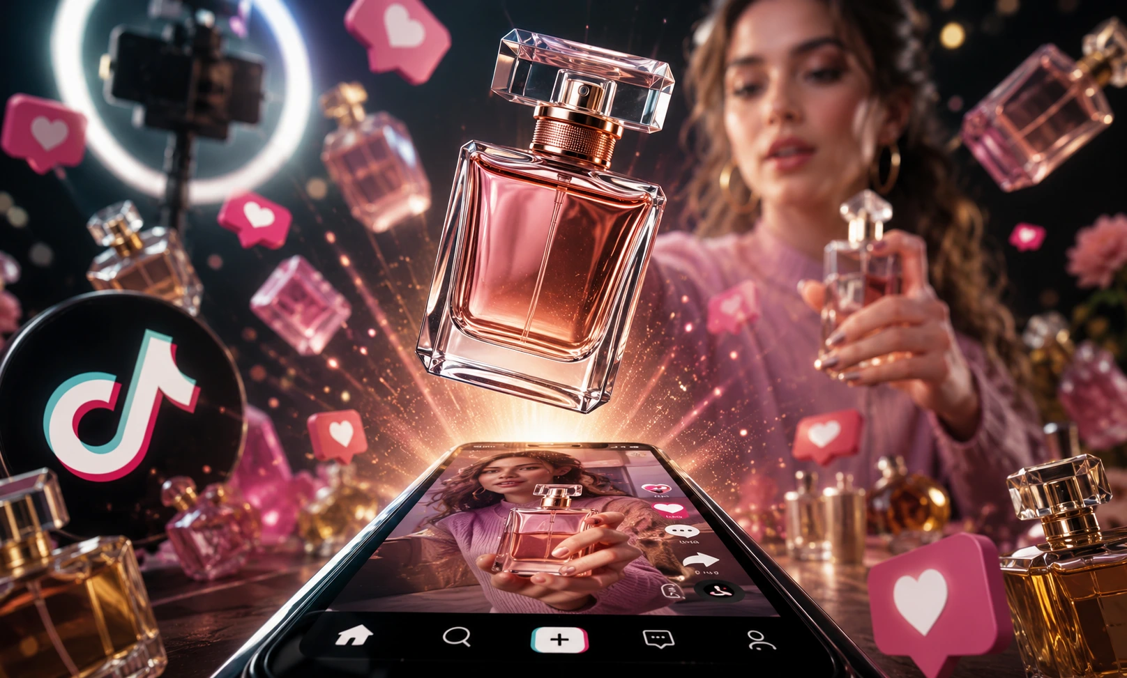 Young consumers discovering a viral perfume trend through TikTok videos and social media fragrance recommendations