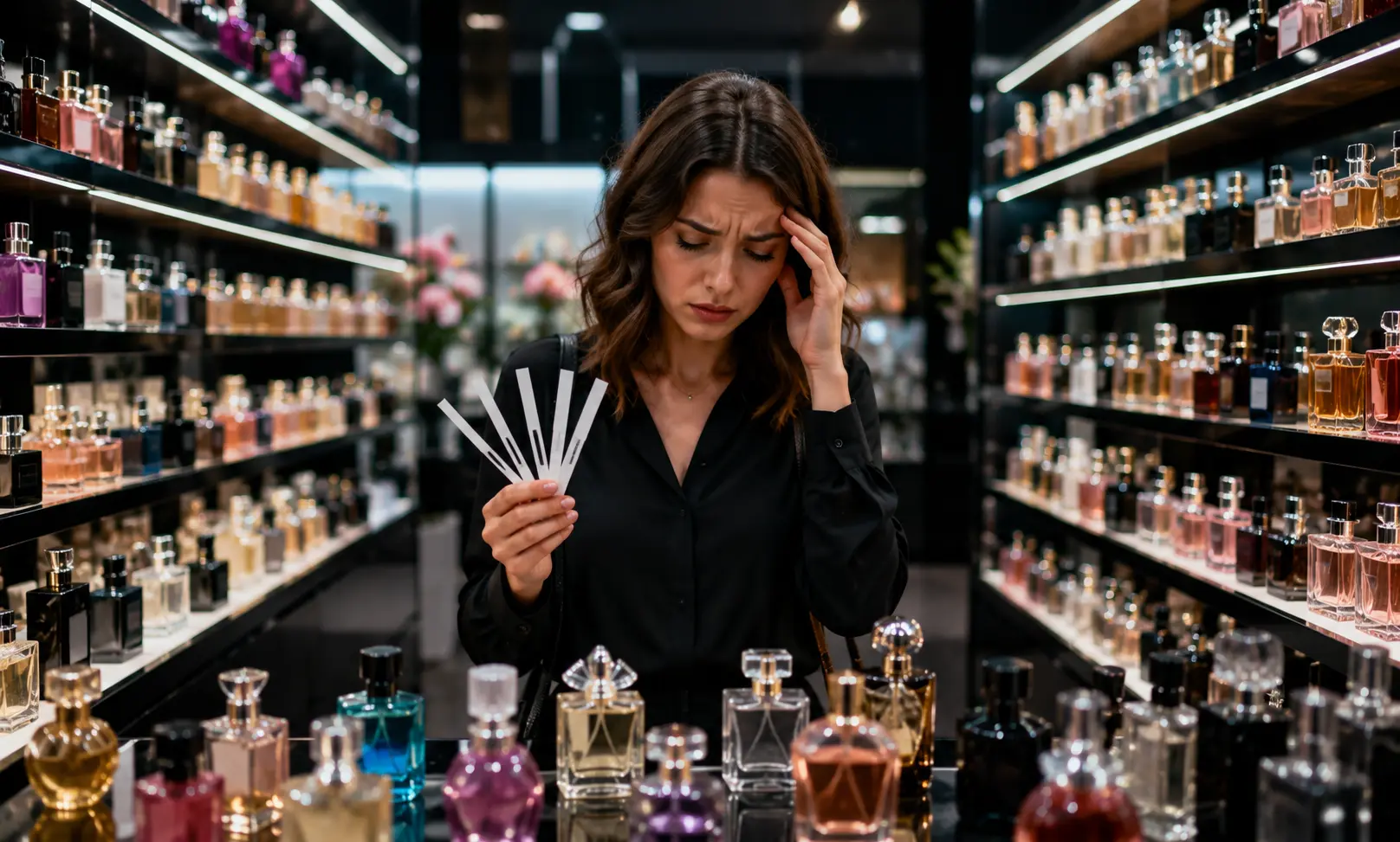 Overwhelmed American perfume shopper surrounded by multiple luxury fragrance bottles inside a modern perfume store
