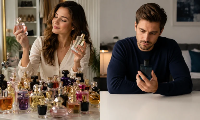 Woman comparing multiple perfume bottles while a man holds a single fragrance, illustrating differences in perfume switching habits and fragrance loyalty between women and men.
