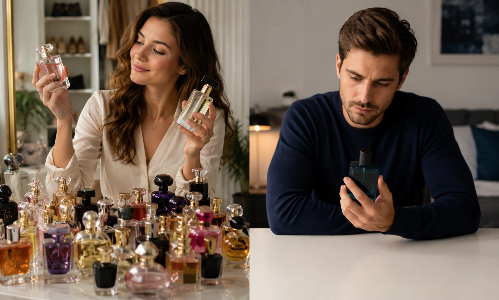 Woman comparing multiple perfume bottles while a man holds a single fragrance, illustrating differences in perfume switching habits and fragrance loyalty between women and men.