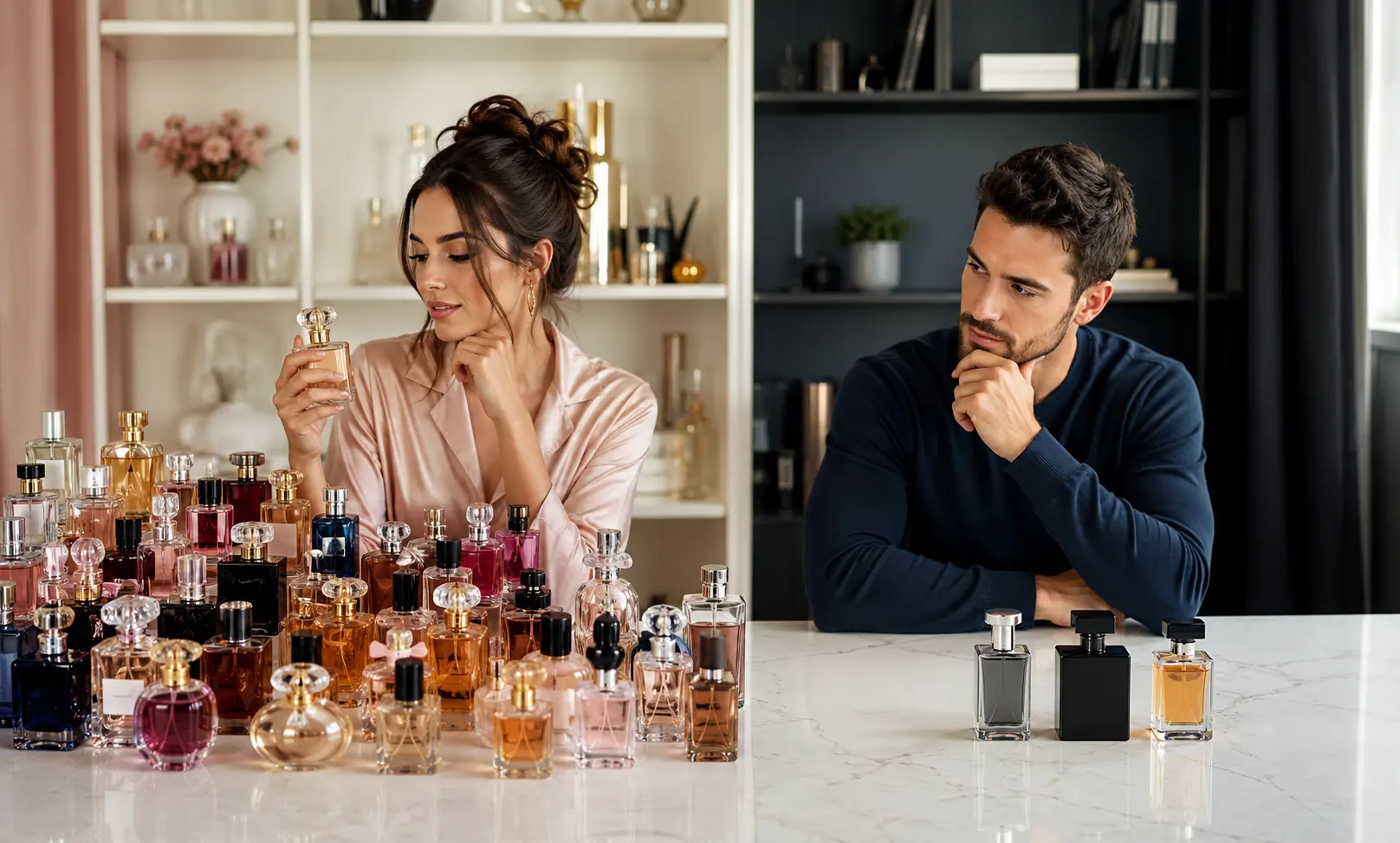 Woman standing in front of a diverse perfume collection with multiple fragrance bottles representing different moods, seasons, and occasions compared to a minimalist men's fragrance selection