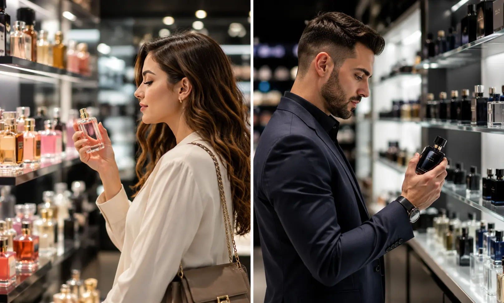 American man and woman comparing luxury fragrance purchases in a modern perfume store, representing changing perfume buying habits and gender trends in the US fragrance market.