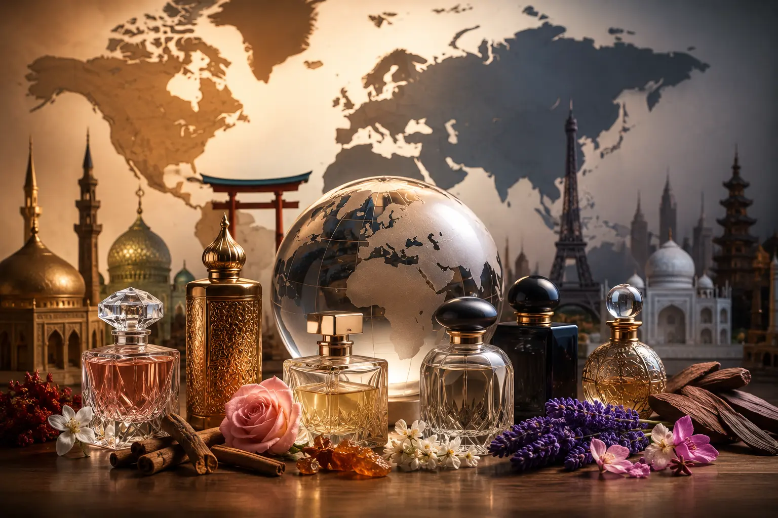 Luxury artistic representation of global perfume cultures featuring international fragrance styles, oud, floral notes, spices, and iconic cultural elements from around the world