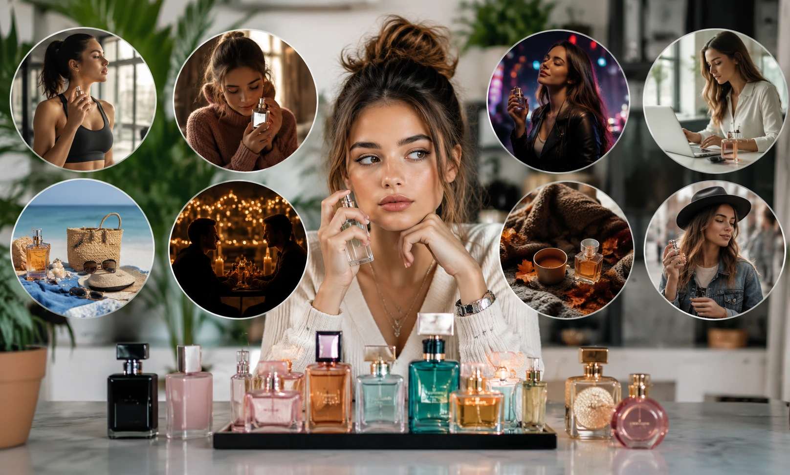 Young American woman choosing between multiple perfumes representing modern fragrance discovery culture and the decline of signature scents in the US