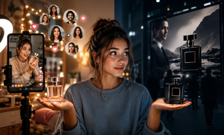 Social media influencer shaping perfume buying decisions among younger consumers compared to traditional brand marketing.