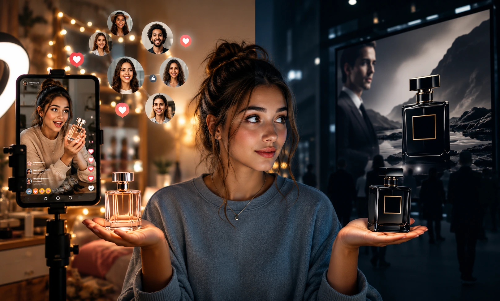 Social media influencer shaping perfume buying decisions among younger consumers compared to traditional brand marketing.