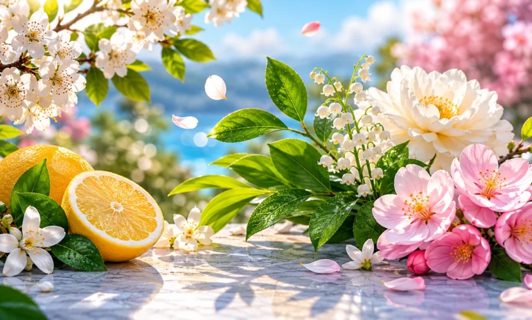 Fresh spring-inspired scene with blooming flowers, citrus fruits, green foliage, and bright seasonal colors representing affordable spring fragrances that feel luxurious without a high price tag
