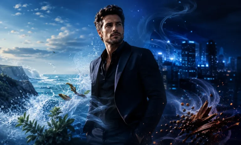 Best Dior Sauvage alternatives represented by a confident man surrounded by fresh ocean air, blue city lights, spicy notes, and modern masculine fragrance energy