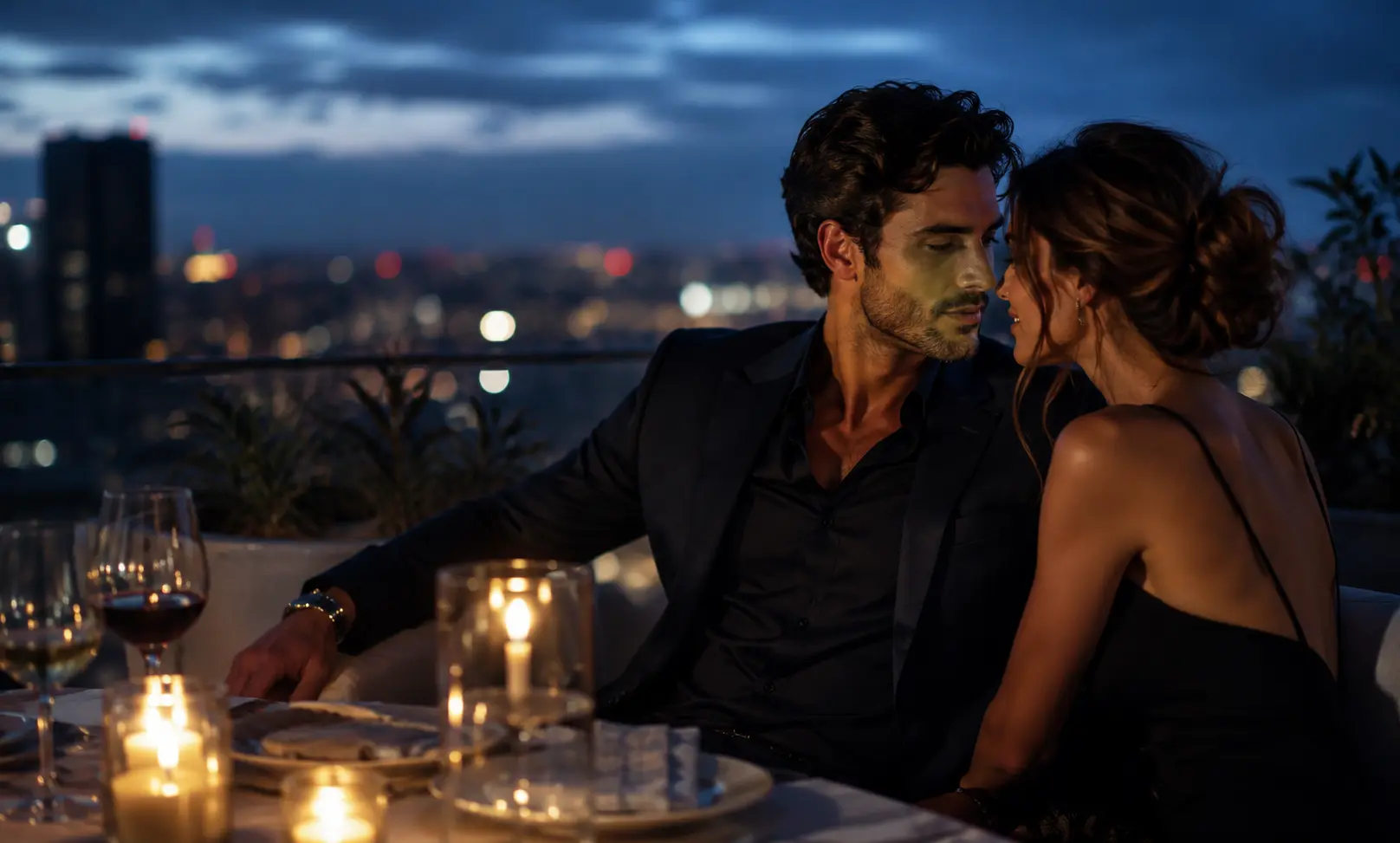 Romantic rooftop date night scene representing the best Dior Sauvage for dates, attraction, confidence, compliments, and masculine evening fragrance appeal