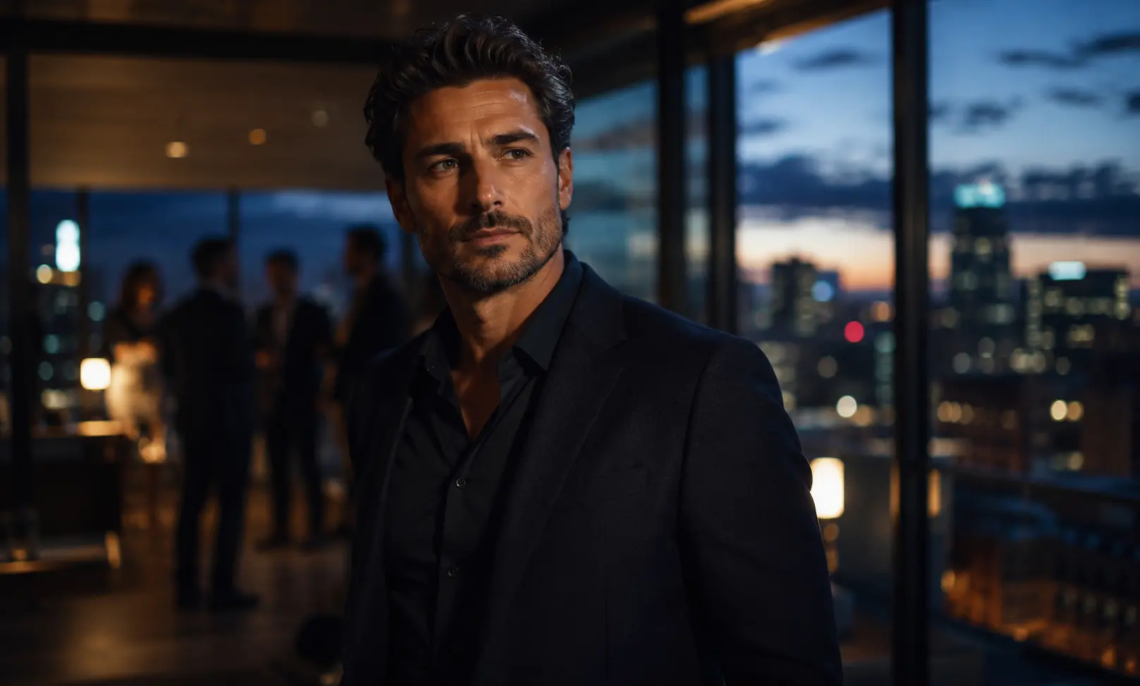 Confident mature man in an elegant evening setting representing the best Dior Sauvage for men over 30 with refined masculine style