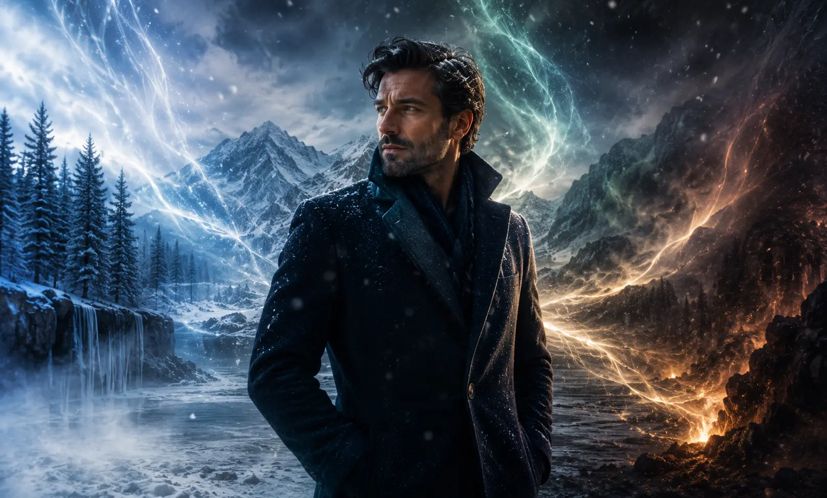 Best Dior Sauvage for winter cold weather fragrance guide with a stylish man in a snowy landscape and warm amber scent atmosphere