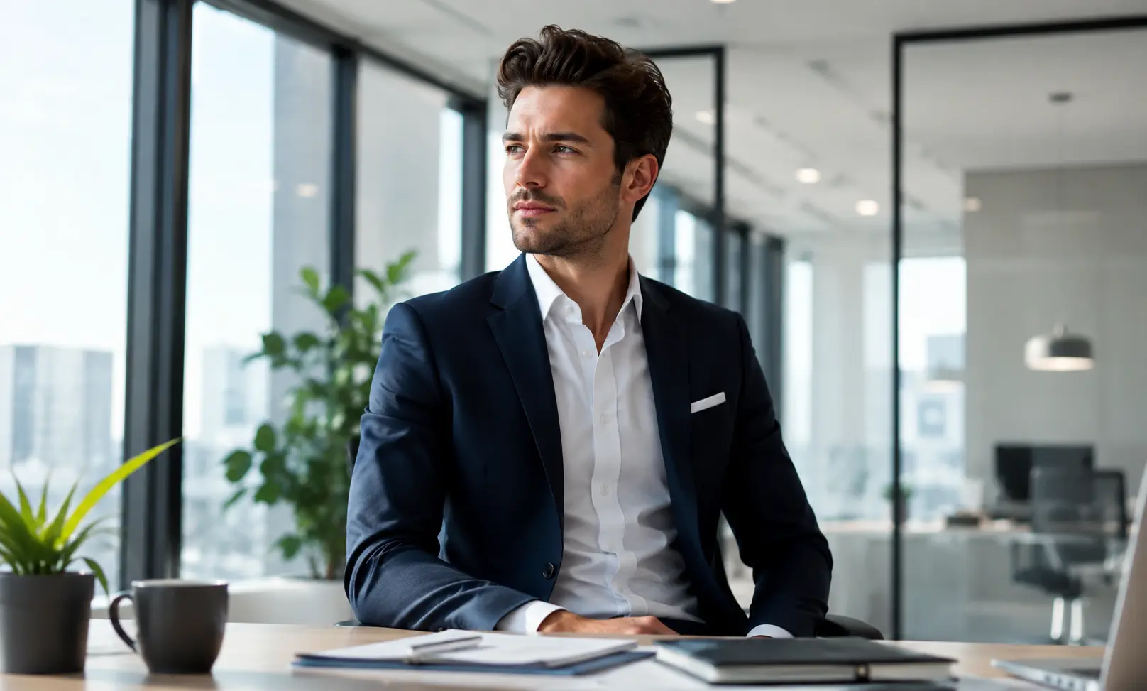 Best Dior Sauvage for work represented by a clean, professional office scene with a confident man in business attire
