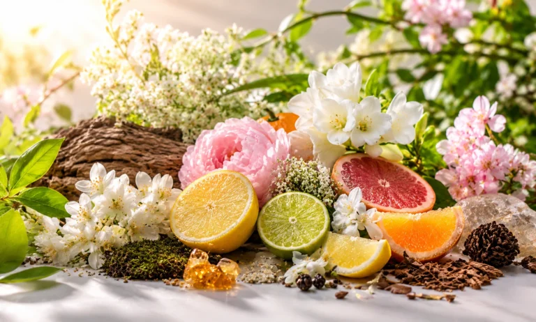 Sunlit spring landscape with blooming flowers, fresh citrus fruits, green leaves, and a bright outdoor atmosphere symbolizing long-lasting spring fragrances and all-day freshness.