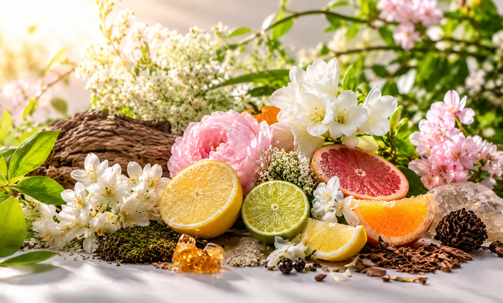 Sunlit spring landscape with blooming flowers, fresh citrus fruits, green leaves, and a bright outdoor atmosphere symbolizing long-lasting spring fragrances and all-day freshness.