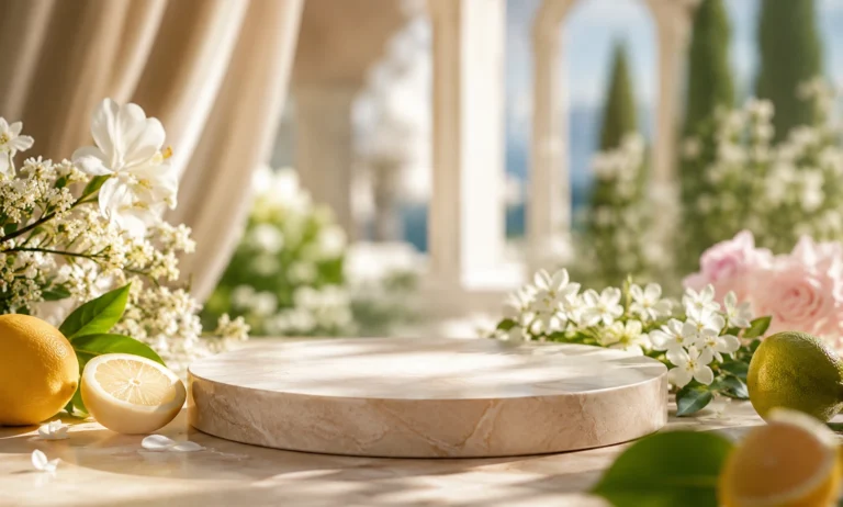 Elegant luxury spring fragrance-inspired scene with blooming flowers, fresh citrus fruits, lush greenery, and a sophisticated outdoor garden atmosphere representing premium seasonal scents