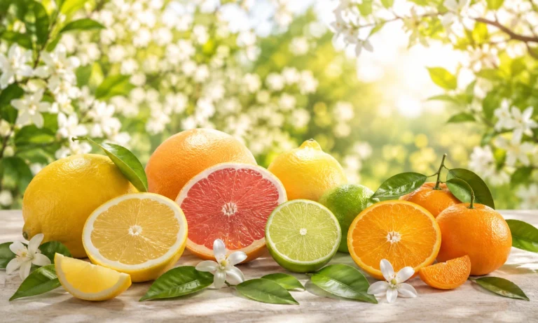 Fresh citrus fruits including lemon, lime, and orange surrounded by green leaves and spring blossoms in natural sunlight, representing bright spring citrus fragrances.