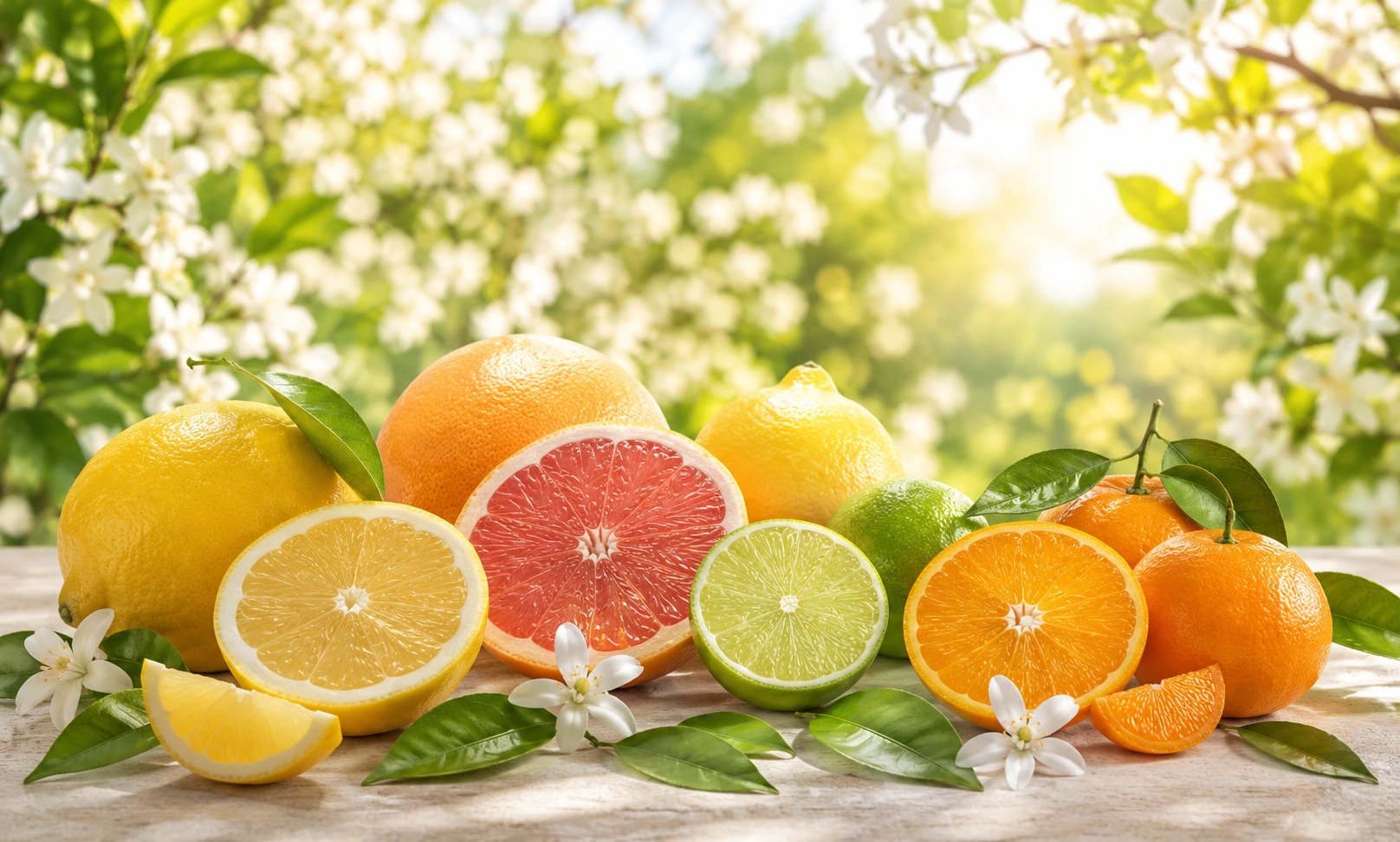 Fresh citrus fruits including lemon, lime, and orange surrounded by green leaves and spring blossoms in natural sunlight, representing bright spring citrus fragrances.