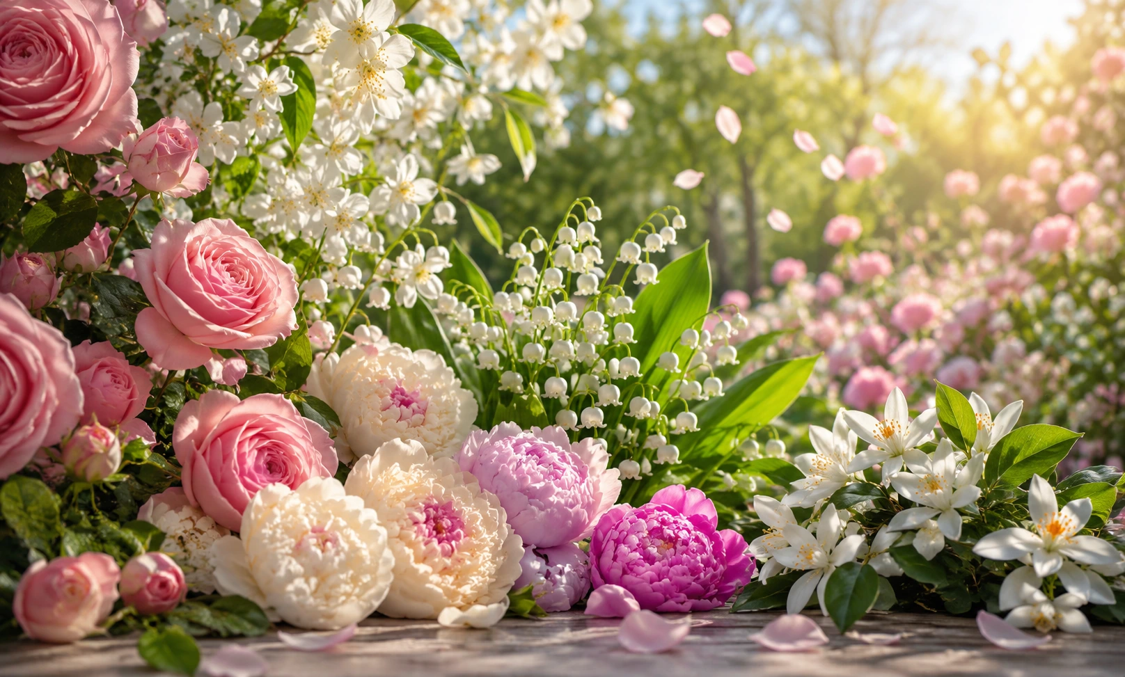 Blooming spring garden featuring roses, peonies, lily of the valley, and orange blossom flowers representing elegant floral fragrance notes for the spring season