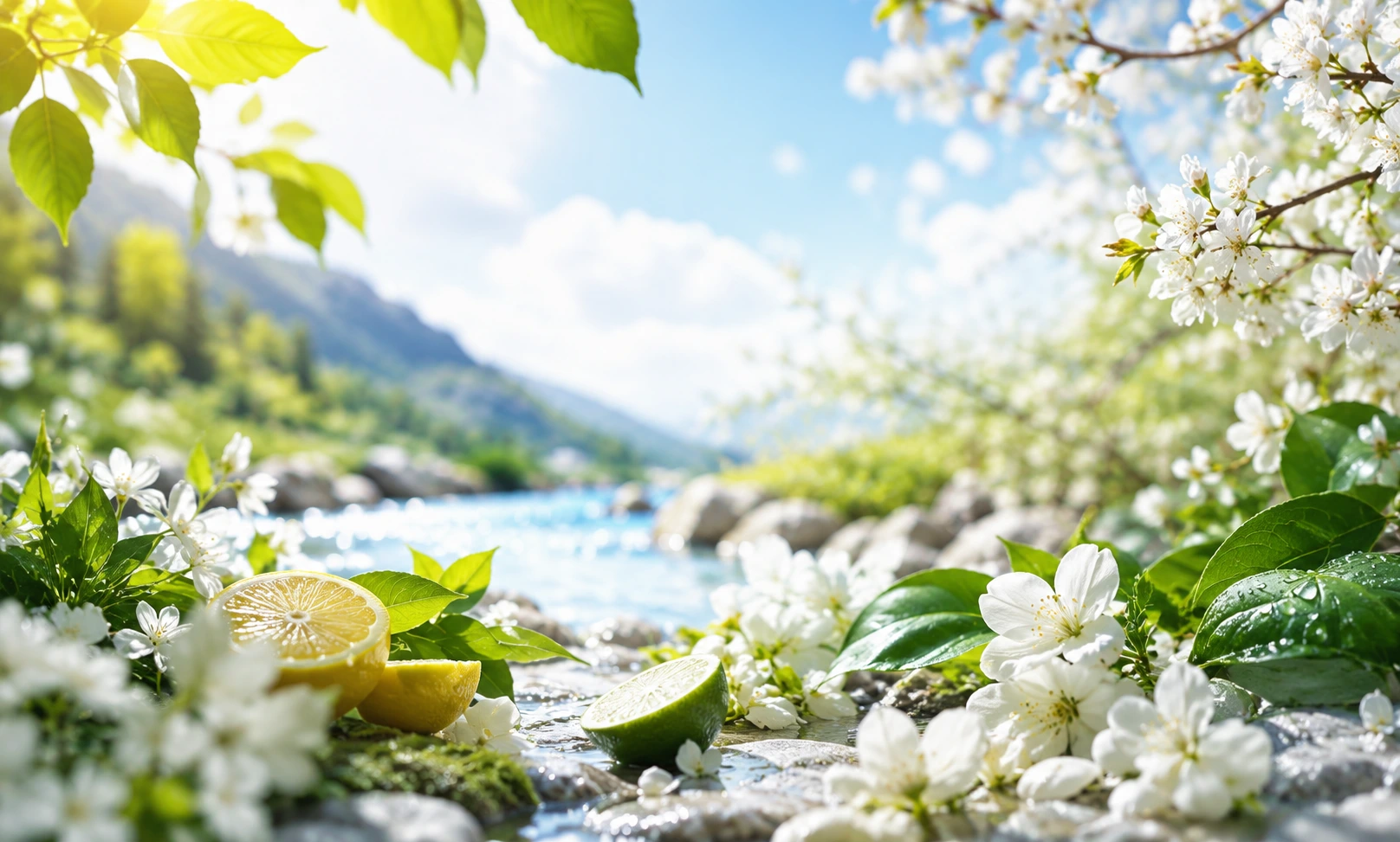 Fresh spring fragrance concept featuring citrus fruits, blooming white flowers, green leaves, flowing water, and a bright outdoor landscape representing clean and airy seasonal scents