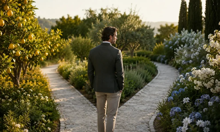 Elegant man standing at a spring garden crossroads surrounded by citrus trees, green foliage, and blooming flowers, representing different spring fragrance styles for men.