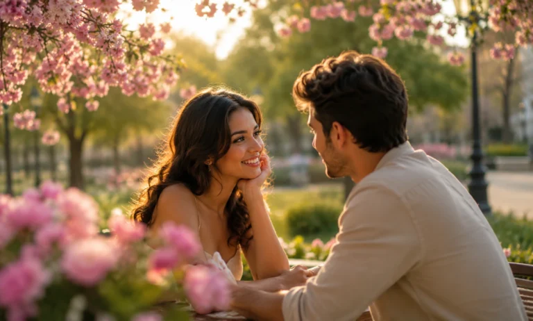Romantic spring outdoor setting with blooming flowers, warm sunlight, and an elegant couple enjoying a date, representing fresh and attractive spring fragrances for romantic moments.