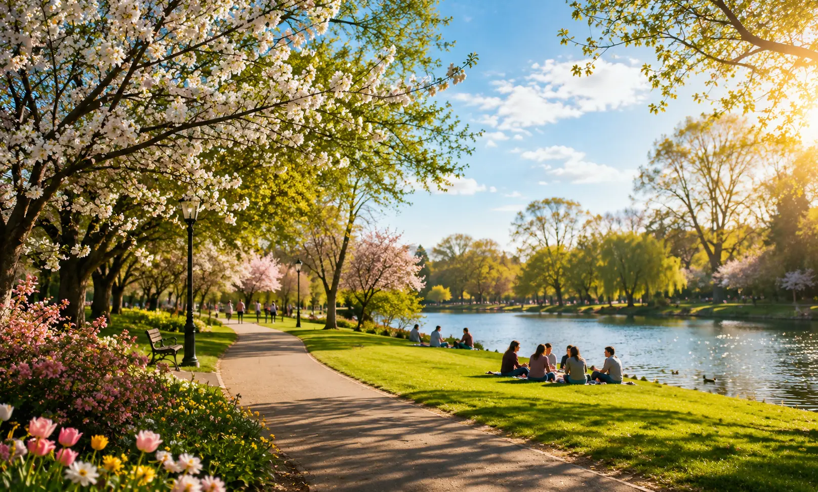 Beautiful spring park with blooming trees, riverside picnic areas, walking paths, and people enjoying outdoor activities in a fresh seasonal environment.