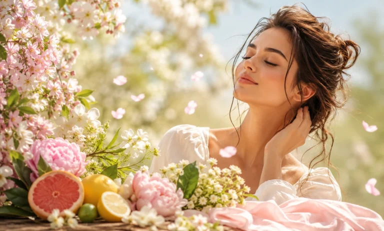 Woman enjoying a bright spring day surrounded by blooming flowers and fresh citrus fruits, representing the fresh floral character of women's spring fragrances.