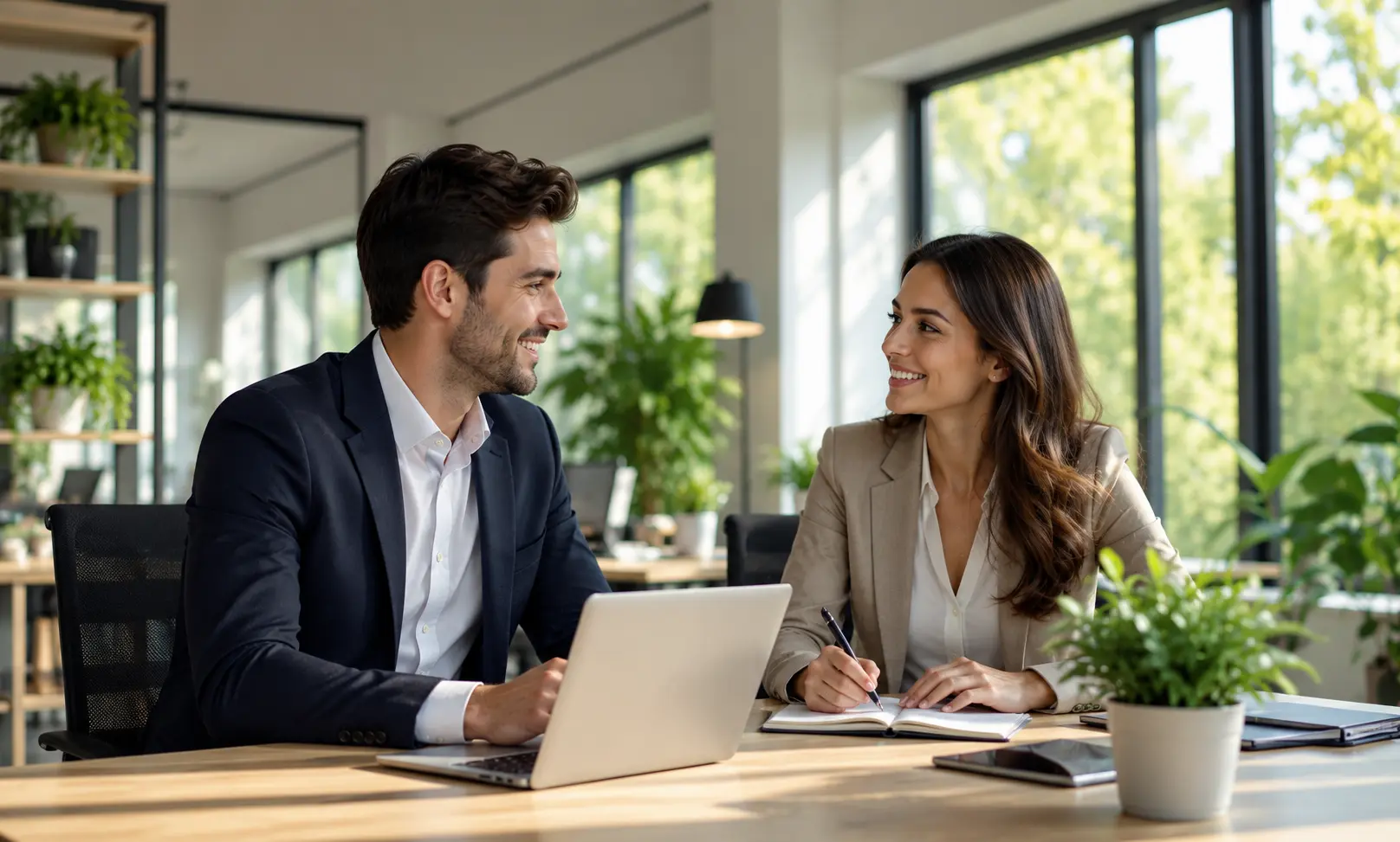 Professional man and woman working in a bright modern office surrounded by spring greenery, representing fresh and office-friendly fragrance choices for the workplace