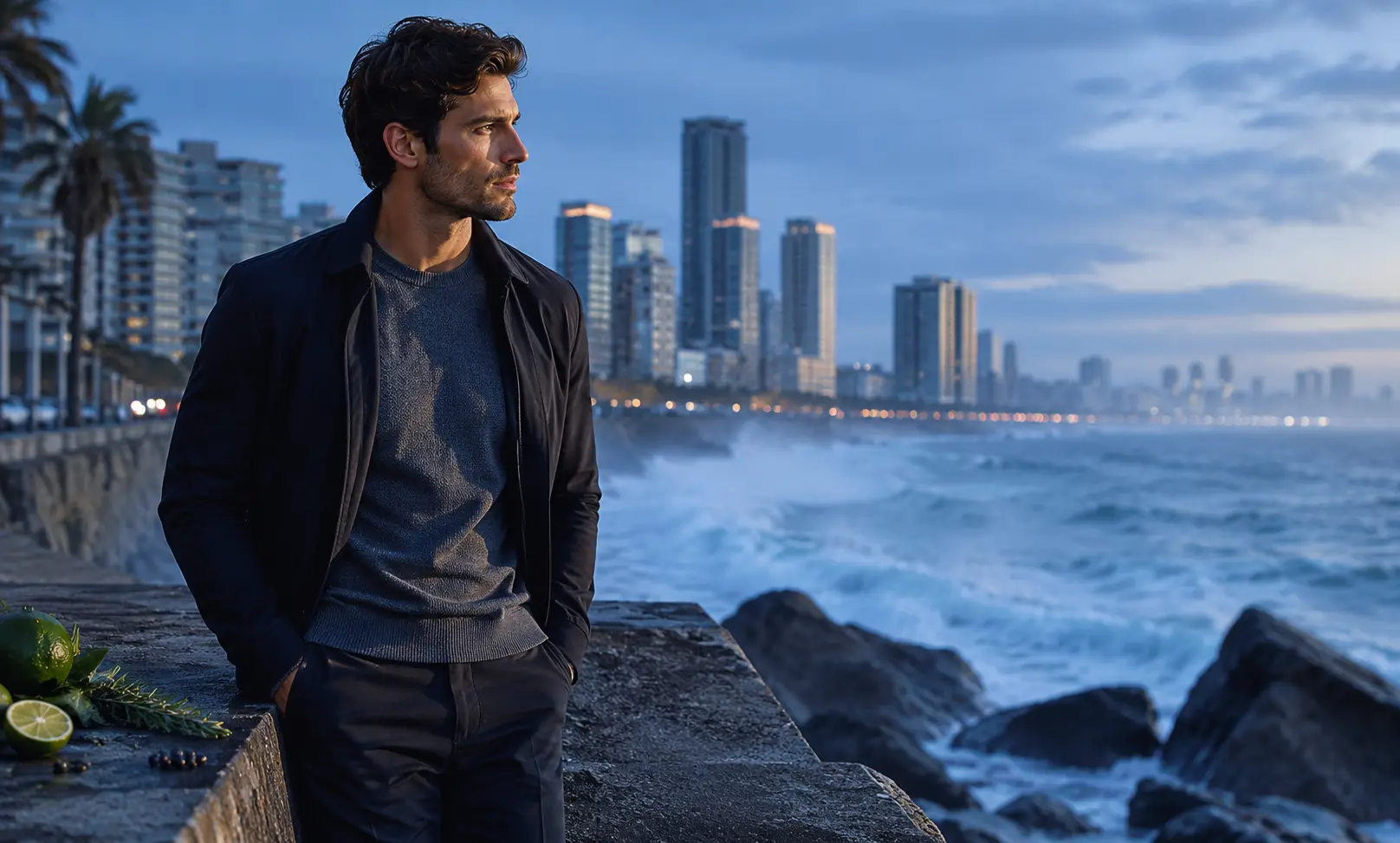 Cheap Dior Sauvage alternatives represented by a confident man near a blue ocean cityscape with fresh citrus, aquatic air, and masculine fragrance energy